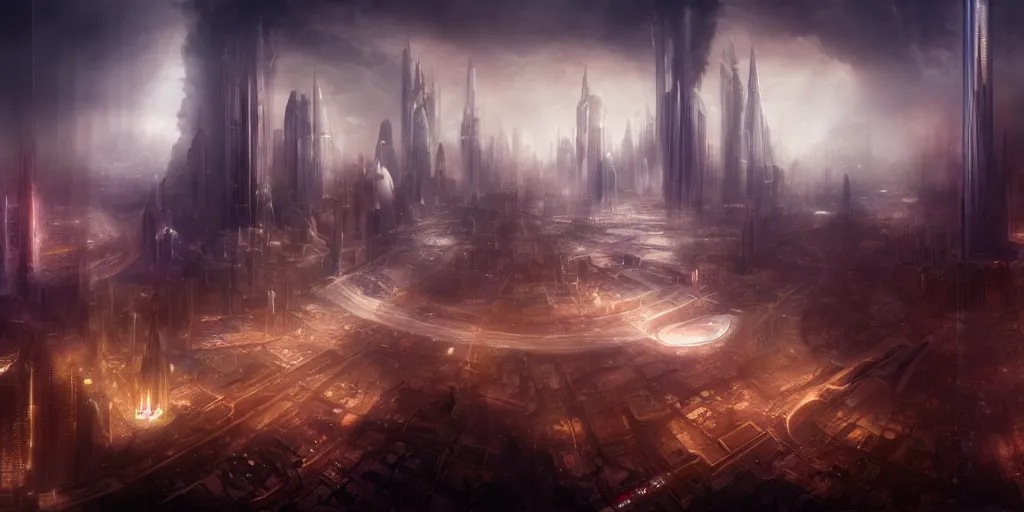 Image similar to vision of a future city, by Rolf Armstrong and Evelyn De Morgan and Bastien Lecouffe-Deharme, dramatic lighting, high contrast colors, baroque, empyrean, panoramic view, as trending on Artstation, highly detailed, doom engine,