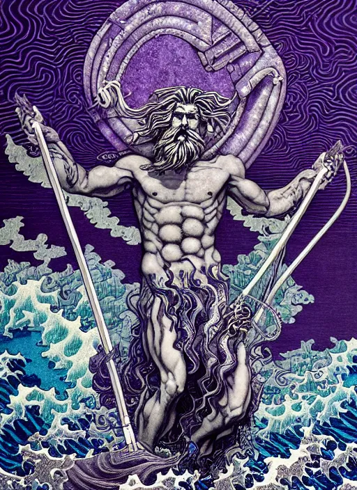 Prompt: detailed poseidon god of the sea holding the trident weapon + in storms and earthquakes while horses running, by hokusai and james gurney + black paper with intricate and vibrant purple line work + tarot card + mandelbulb fractal + full of silver layers + portrait + trending on artstation + incredible purple and black gothic illustration + exquisite detail