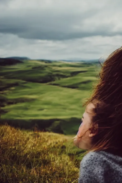 Image similar to a girl enjoying the wind in the edge of a hill, beautiful landscape, aesthetic