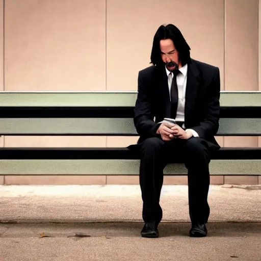 Prompt: Sad Keanu Reeves In a business black suit, sitting on a bench and sad, focus in the foreground, realism, details,