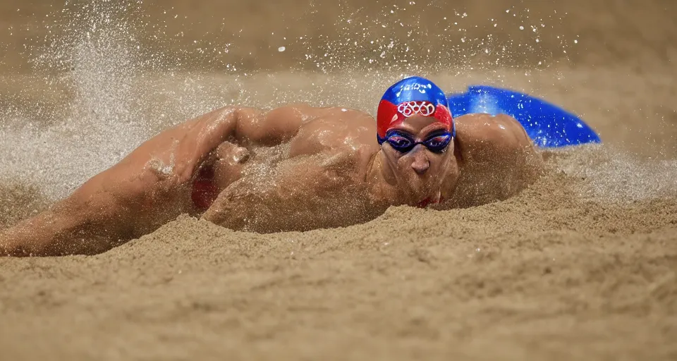 Image similar to olympic swimming in sand instead of water, extremely coherent, motion blur