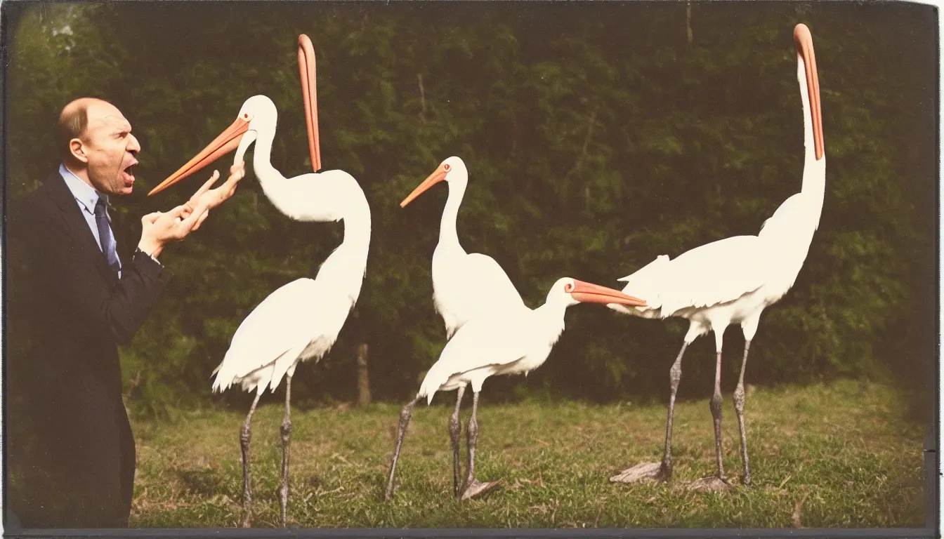 Prompt: polaroid picture of russian man yelling at stork, very detailed, 8 k