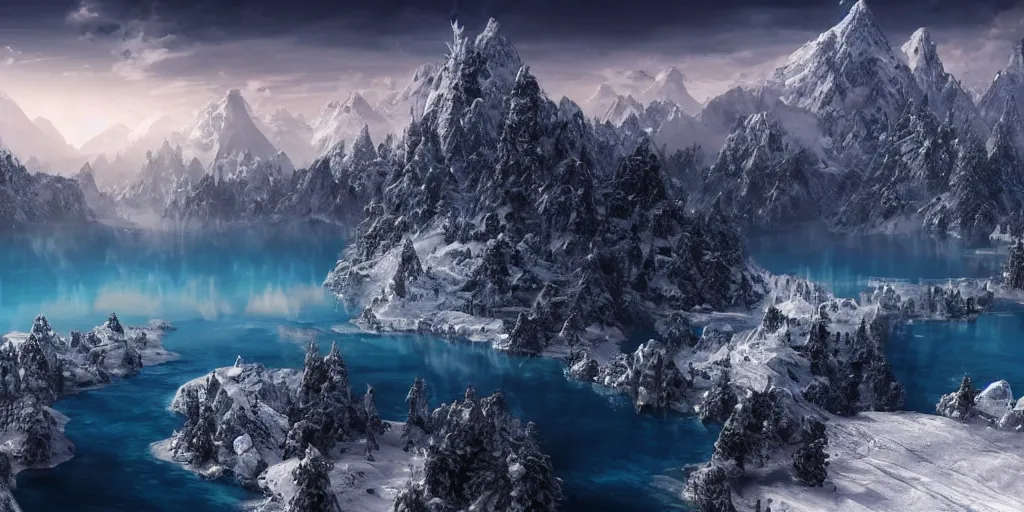 Prompt: a hyper realistic professional photographic view picture of a heavenly snow mountain with a dark blue lake in front of it, photographic filter unreal engine 5 realistic hyperdetailed 8k ultradetail cinematic concept art volumetric lighting, fantasy artwork, very beautiful scenery, very realistic painting effect, hd, hdr, cinematic 4k wallpaper, 8k, ultra detailed, high resolution, artstation trending on artstation in the style of Albert Dros glowing rich colors powerful imagery nasa footage drone footage drone photography