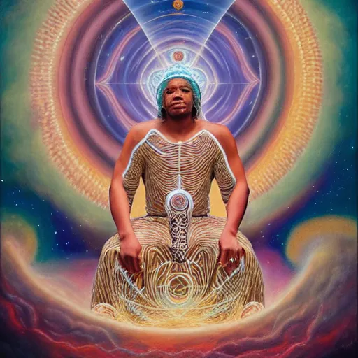 Prompt: obatala the cosmic god sitting on a throne of nebula clouds, by amanda sage and alex grey, matte painting, orisha, 8k, hd