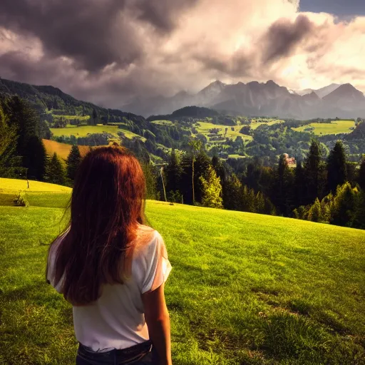 Image similar to a beautiful photograph of a girl with switzerland landscape in the background with trees, hdr, 8 k, high quality, sharp focus, artstation, highly detailed, award - winning, dramatic lighting, beautiful clouds, and nature