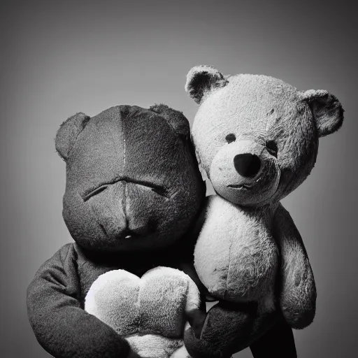 Prompt: Portrait studio photograph of Kanye West & an anthropomorphic teddy bear, close up, shallow depth of field, in the style of Felice Beato, Noir film still, 40mm
