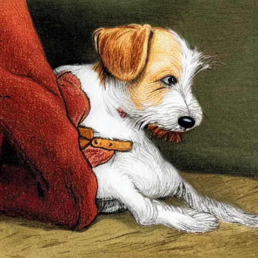 Image similar to closeup candid portrait of jack russel terrier crying on the dog bed, illustrated by peggy fortnum and beatrix potter and sir john tenniel