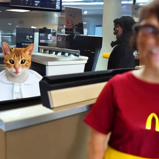 Prompt: a humanoid cat working on mcdonalds helping people at the register