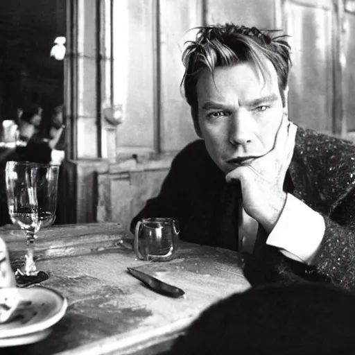 Image similar to ewan mcgregor talking to his brown cat in early 2 0 th century cafe in paris.