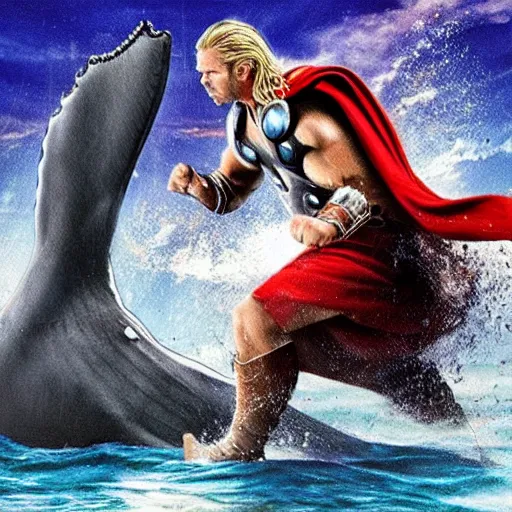 Prompt: thor punching a whale while wearing rabbit ears