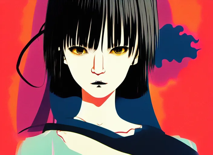 Image similar to editorial illustration by Karolis Strautniekas and Mads Berg, colorful, anime portrait vampire princess miyu, katsuhiro otomo, murata range, haruhiko mikimoto, Ilya kuvshinov,fine texture, smooth cel shading, fine details, matte print, film noir, dramatic lighting, dynamic composition, cinematic, film grain, moody, vivid, volumetric,stippled lighting