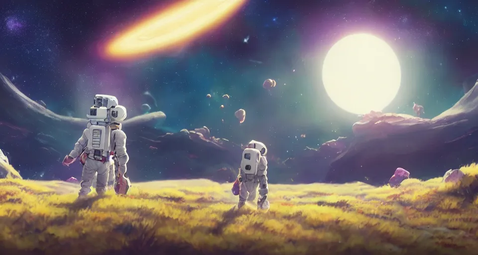 Image similar to astroneer chasing a distant spaceship Anime, wide angle, fine details, cinematic. galaxy starscape. realistic shaded lighting by Ilya Kuvshinov Giuseppe Dangelico Pino and Michael Garmash and Rob Rey greg rutkowski, octane render, IAMAG premiere, aaaa achievement collection, elegant freckles, cinematic hologram, fabulous, daily deviation, 4k, 8k, annual award winner