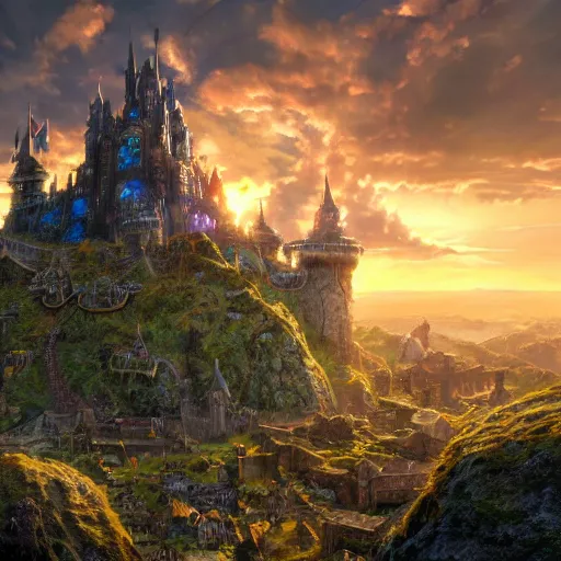 Prompt: large fantasy castle rising from the top of a giant tortoise, towering over a harsh wasteland with sharp rays of sunlight, howls moving castle, mortal engines, kaiju, distant - mid - shot, fantasy, hyper detailed, 4 k