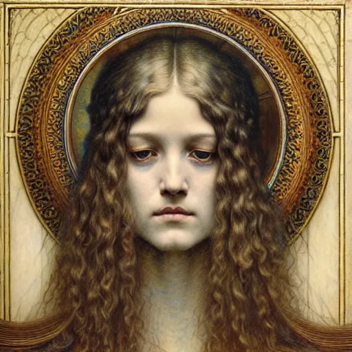 Image similar to detailed realistic beautiful young medieval queen face portrait by jean delville, gustave dore and marco mazzoni, art nouveau, symbolist, visionary, gothic, pre - raphaelite. horizontal symmetry