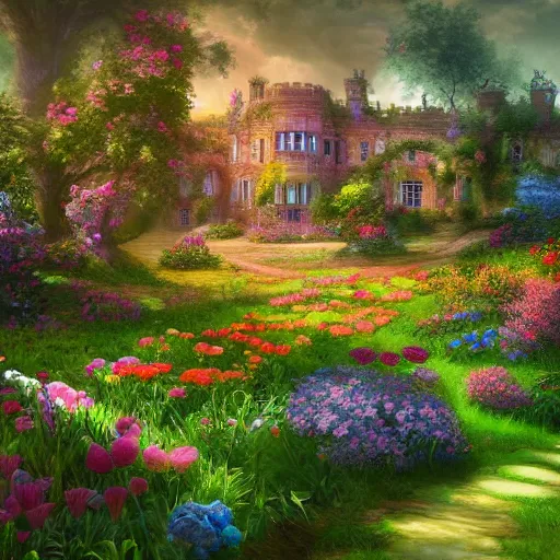Image similar to beautiful fantasy english mansion flower garden, saturated, detailed lighting, high quality, sharp focus, intricate, digital painting, artstation, 4k