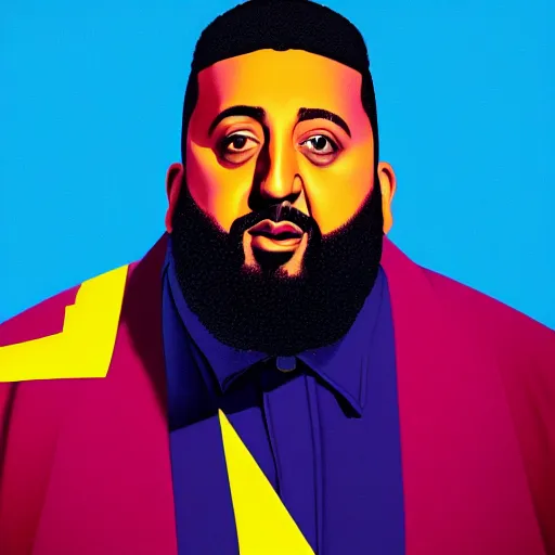 Image similar to ultra realistic portrait of dj khaled in a studio, ultra detailed, under blue, red and yellow cinematic lighting, salvador dali, cartoon, monument valley, escher