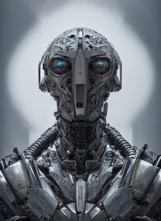 Prompt: portrait of a futuristic silver armored knight district 9 cyborg, in the style of annihilation with eyes made from fusion reactors, modern fine art, fractal, intricate, elegant, highly detailed, digital photography, subsurface scattering, by jheronimus bosch and greg rutkowski,