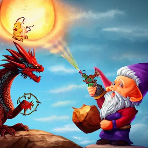 Image similar to dragon that is taming a gnome, gnome is being tamed by a dragon