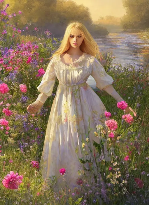 Image similar to a professional painting of an russian young blonde girl intricate, wearing russian folk clothes, in the morning light, at the beautiful river, surrounded by flowers, elegant, digital painting, concept art, smooth, sharp focus, finely detailed illustration, beautifully framed, from Metal Gear, in the style of Artgerm and Greg Rutkowski and William-Adolphe Bouguerea