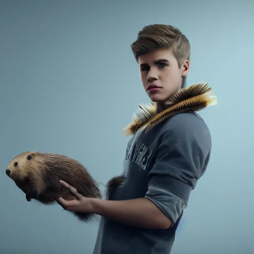 Image similar to hyperrealistic dslr film still of justin bieber holding his pet beaver, stunning 8 k octane comprehensive 3 d render, inspired by istvan sandorfi & greg rutkowski & unreal engine, perfect facial symmetry, dim volumetric cinematic lighting, extremely hyper - detailed, incredibly real lifelike attributes & flesh texture, intricate, masterpiece, artstation, stunning