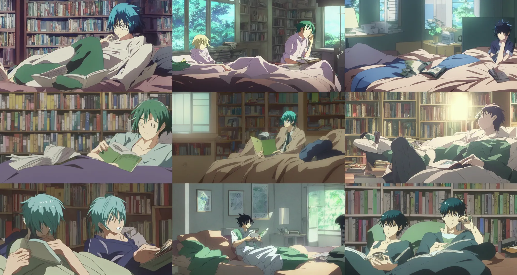 Prompt: screenshot from the anime film by makoto shinkai, green-haired male reading manga in bedroom with bookshelf