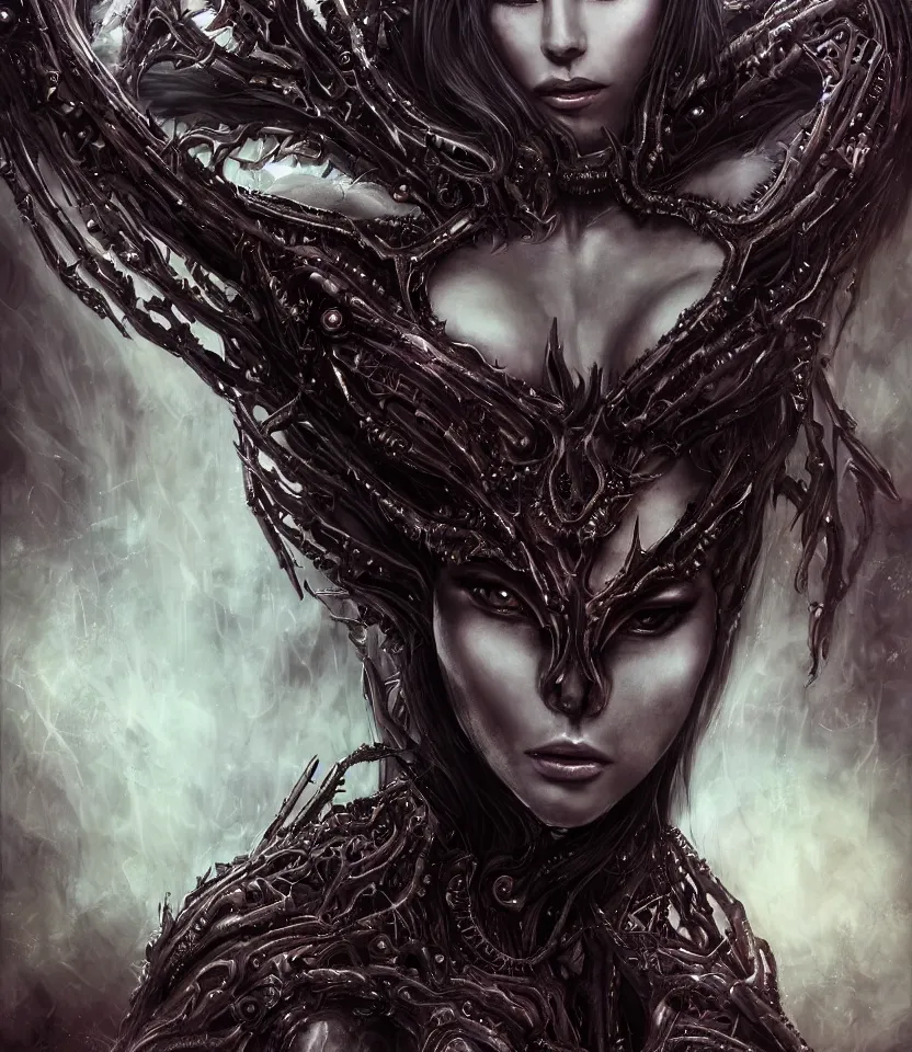 Image similar to close up portrait on the enchanting femenine queen of the zerg, hyper attractive, seductive, very complex, hyper-maximalist, overdetailed, legendary cinematic, darkfantasy, archetype with timeless beauty breathtaking eyes, her spider like legs spread evenly around her framing the image, collossal alien ship in the sky behind her, highly intricate, digital art, very elegant, HDR 8K, biblical art, realism, incomprehensible yet perspicious detail, unbeatable quality, silent hill aesthetic, photorealistic, lifelike, DSLR 8k, unbeatable coherency, Omnious intricate, octane render, created Nixeu & z--ed from deviantart