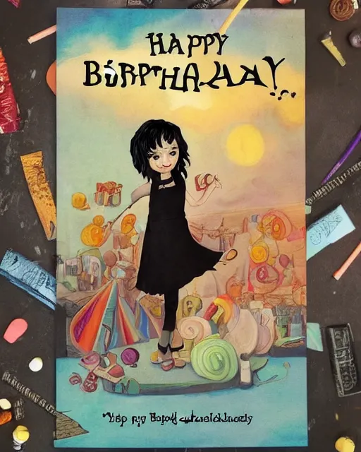 Image similar to happy birthday postcard in a style of Neil Gaiman book , birthday cake for a young black haired girl, trending on artstation, 8k, highly detailed