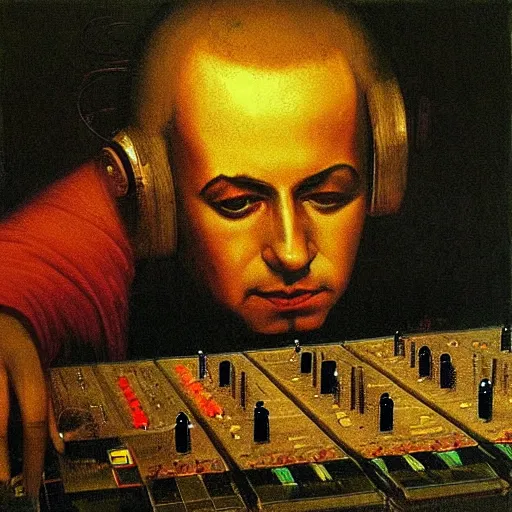 Image similar to Painting of Mozart mixing at the turntables in a style of Beksinski