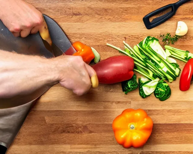 Image similar to 9 0 degrees fov, first person point of view of me chopping vegetables on a chopping board