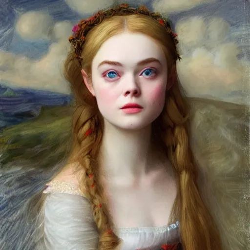 Prompt: Elle Fanning in the style of Sophie Anderson, head and shoulders portrait, stormy weather, extremely detailed masterpiece,