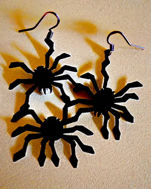 Image similar to spooky cartoon spider, 2 d lasercut earrings, in the style of tim burton