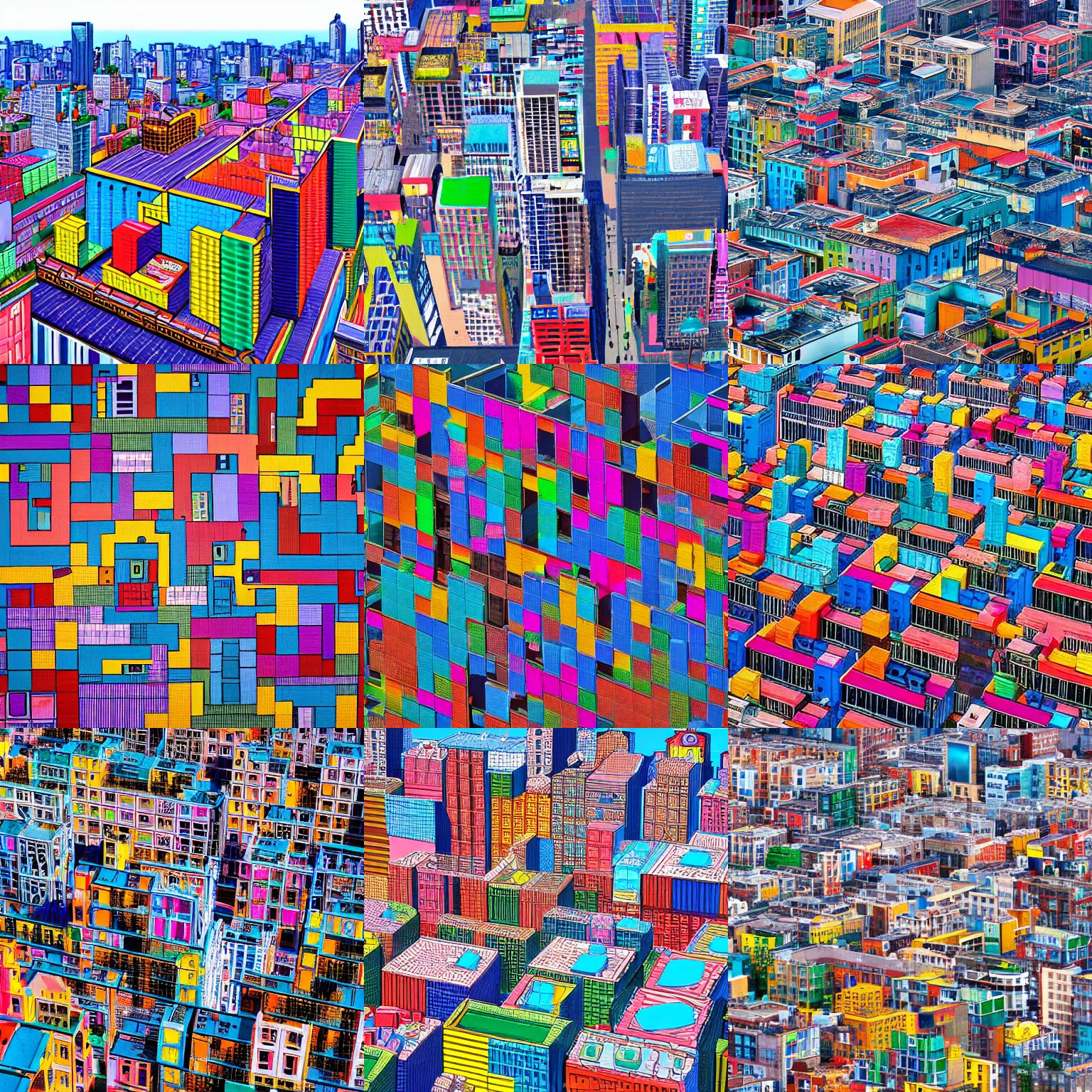 Prompt: city rooftops birds eye view, tetris, colourful