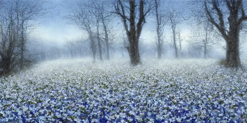 Prompt: Artwork by John Howe of huge piles of white petals here make this clearing look like a snowy wonderland.