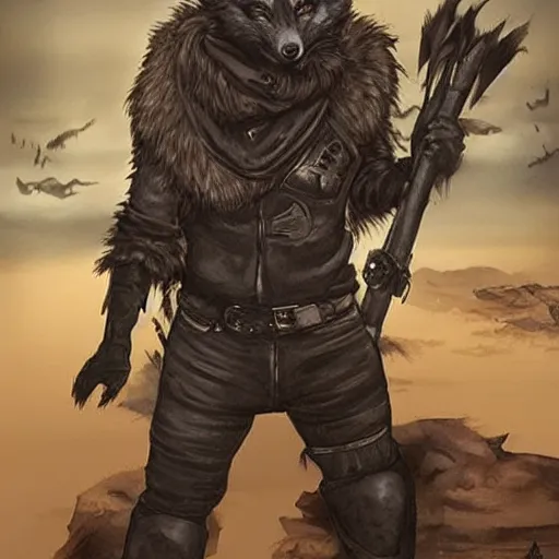 Prompt: A dark fox dressed like in Mad Max in the style of a DnD character portrait