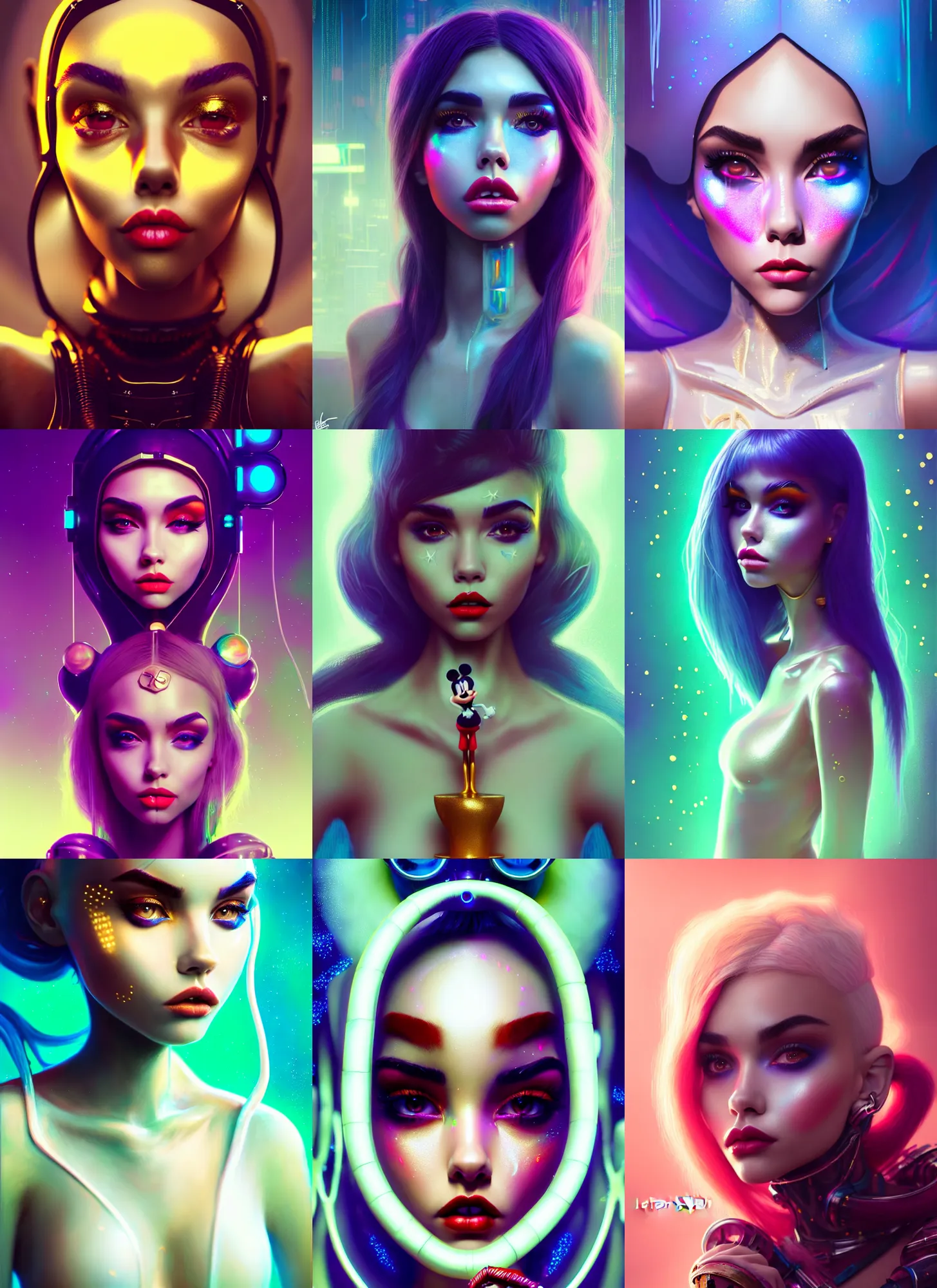 Prompt: disney 8 k photo, lush shiny ivory clowncore madison beer, fashion art, ( golden ratio ), arctic, pout, hologram, sci fi, fantasy, cyberpunk, intricate, decadent, highly detailed, digital painting, octane render, artstation, concept art, smooth, sharp focus, illustration, art by loish, wlop