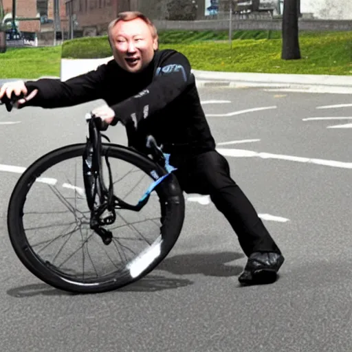 Prompt: Limmy in a bike crash falling off his bike, photorealistic,