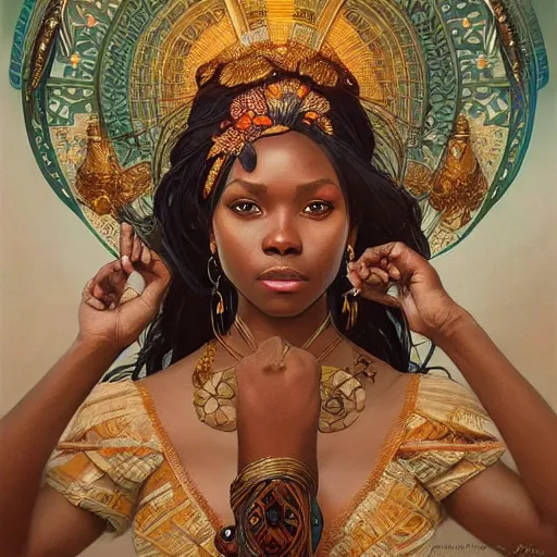 Image similar to three!! beautiful Zulu goddesses, intricate, elegant, highly detailed, digital painting, artstation, concept art, smooth, sharp, focus, illustration, art by artgerm and greg rutkowski and alphonse mucha