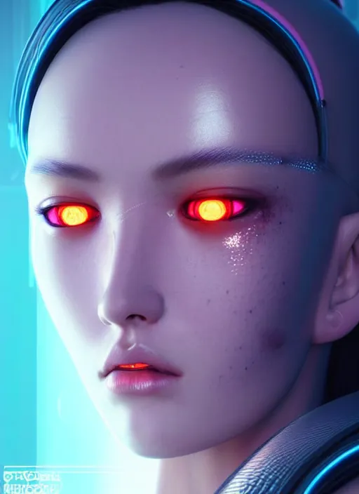 Image similar to photorealistic portrait of oriental female humanoid with freckle cheeks, cyber neon lightings, highly detailed, cyberpunk high fashion, elegant, crispy quality, trending in artstation, trending in pinterest, glamor pose, no signature, no watermark, cinematic, octane render, art by artgerm, art by greg rutkowski, art by pascal blanche