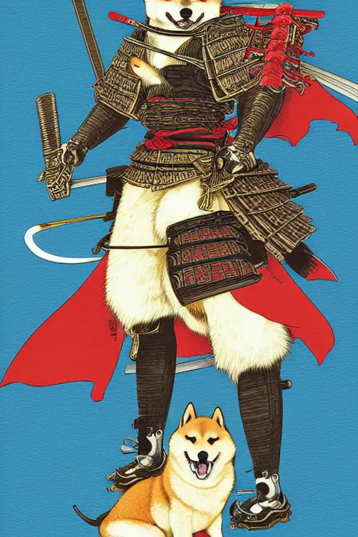 Prompt: poster of a shiba inu as a samurai, by yoichi hatakenaka, masamune shirow, josan gonzales and dan mumford, ayami kojima, takato yamamoto, barclay shaw, karol bak, yukito kishiro