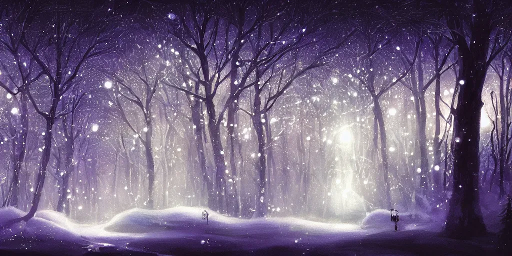 Image similar to high quality illustration of an enchanted magical winter forest::night time, glowing sparkles, mystic lightning::painted by Daisuke Tsutsumi, artstation art