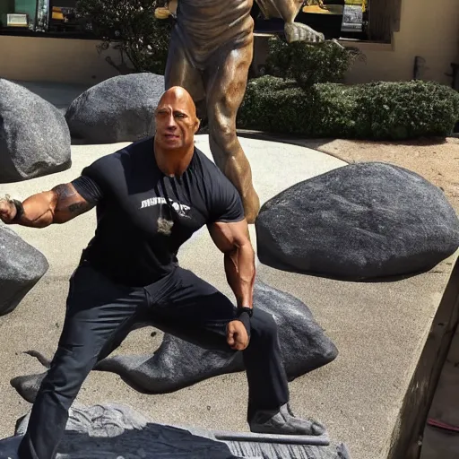 Prompt: Photo of Dwayne Johnson sculpting an statue of Dwayne Johnson made of rock