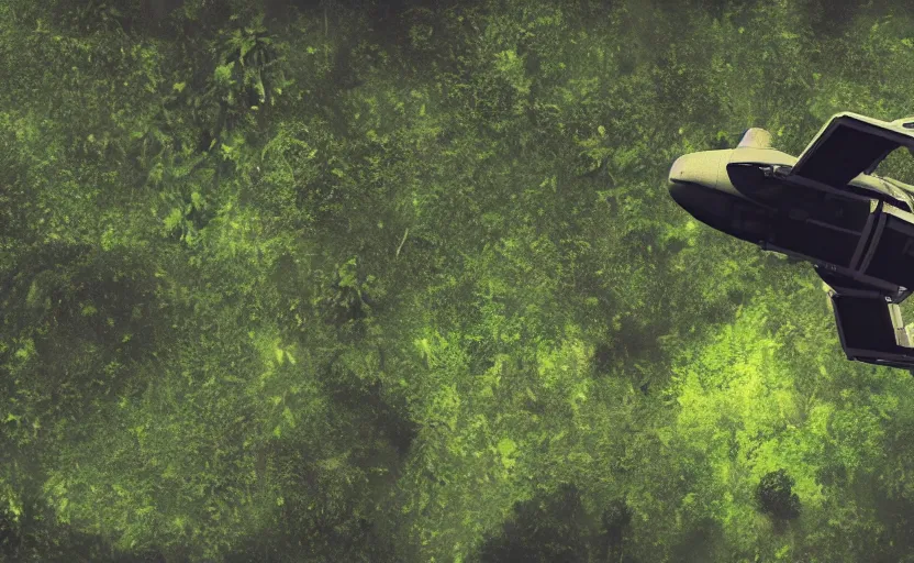Prompt: photo of sci - fi fighter landing on jungle complex, ultra detailed, movie frame, cinematical composition, 4 k, breaking bad