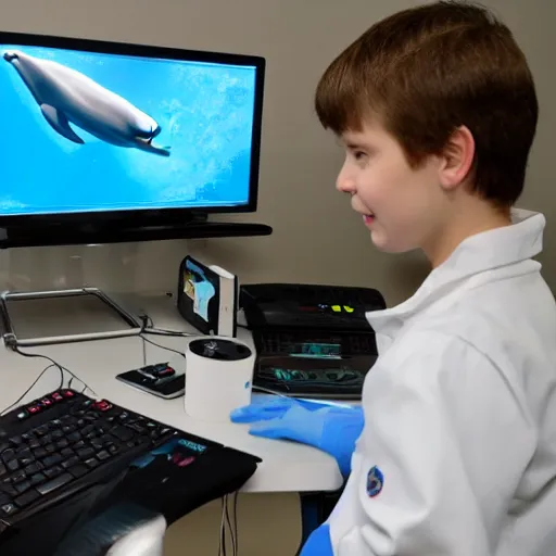 Image similar to A dolphin wearing a chemist outfit playing games on a computer