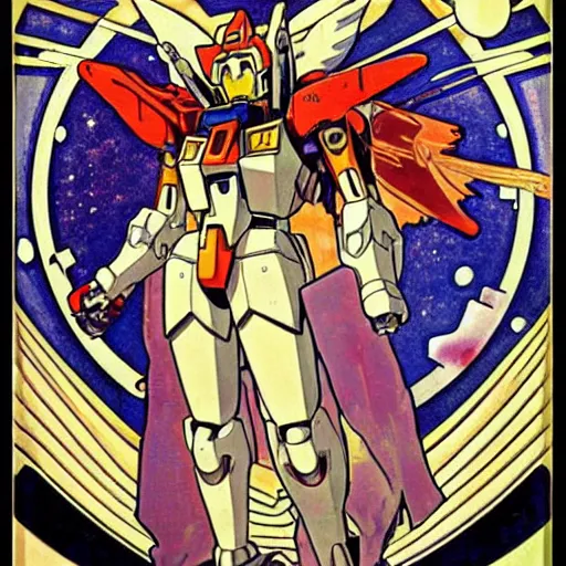 Image similar to anime manga mecha gundam robot astronaught with angel wings portrait by Alphonse Mucha art nuevou