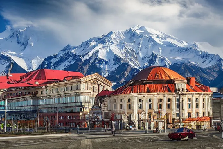 Image similar to architecture photo modern fachwerk opera building settlement with Elbrus mountain on the background, architecture, photorealism 8k , shining and happy atmosphere, uplight, high details