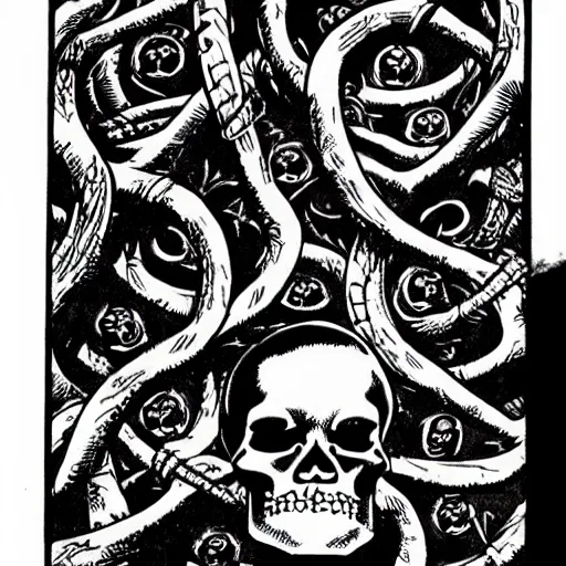 Image similar to A skull, with vines coming out of the eye sockets. Dark Fantasy, Film Noir, Black and White. High Contrast, Mike Mignola, D&D, OSR