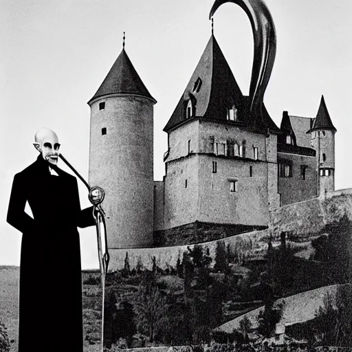 Prompt: vintage photograph of count orlok outside his castle, playing trombone, castle in the background, 4 k