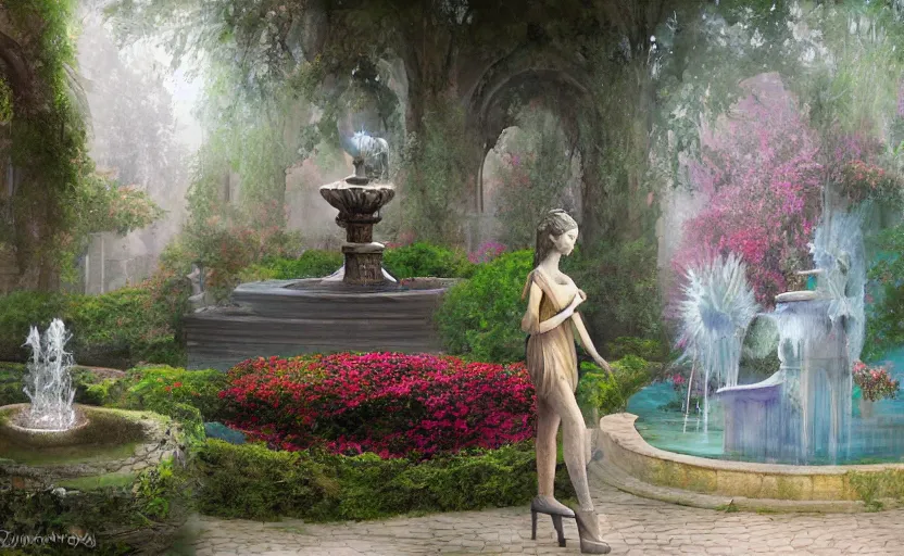 Image similar to The kneeling statue of a woman in a beautiful garden, next to a fountain and a mystical palace, and all this in a foggy and mysterious atmosphere.Fantasy and concept art, colorful digital painting.