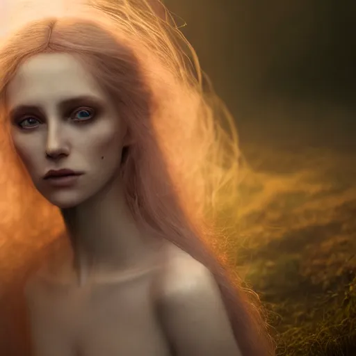 Image similar to photographic portrait of a stunningly beautiful english sorceress renaissance female in soft dreamy light at sunset, beside the river, soft focus, contemporary fashion shoot, in a denis villeneuve and tim burton movie, by edward robert hughes, annie leibovitz and steve mccurry, david lazar, jimmy nelsson, extremely detailed, breathtaking, hyperrealistic, perfect face, octane render