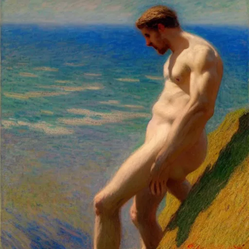 Prompt: an attractive male standing on a cliff, clothed!, looking out at the ocean, by gaston bussiere, craig mullins, j. c. leyendecker, claude monet